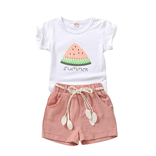 Goodplayer Baby Toddler Girls Summer Shorts Sets Kids Watermelon Letter Print Tops Shorts Outfits Clothes for 1-4 Years Old Pink from 