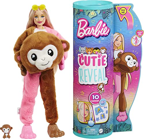 Barbie Dolls and Accessories, Cutie Reveal Doll with Monkey Plush Costume & 10 Surprises Including Color Change, Jungle Series from Mattel