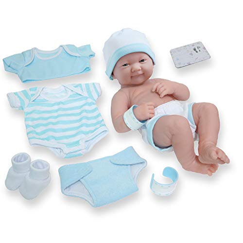 8 piece Layette Baby Doll Gift Set | JC Toys - La Newborn Nursery | 14" Life-Like Smiling Doll w/ Accessories | Blue | Ages 2+ by JC Toys Group Inc.