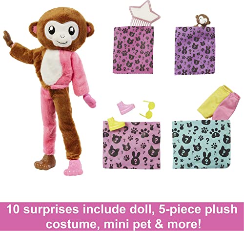 Barbie Dolls and Accessories, Cutie Reveal Doll with Monkey Plush Costume & 10 Surprises Including Color Change, Jungle Series from Mattel