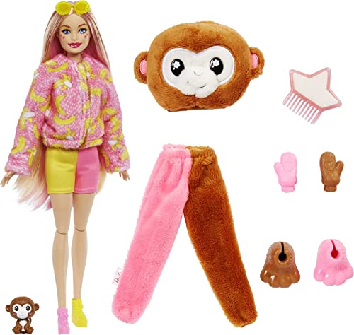 Barbie Dolls and Accessories, Cutie Reveal Doll with Monkey Plush Costume & 10 Surprises Including Color Change, Jungle Series from Mattel