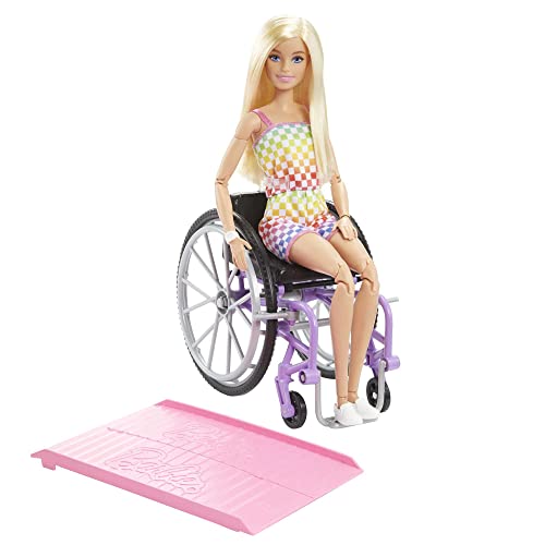 Barbie Doll with Wheelchair and Ramp, Kids Toys and Gifts, Blonde, Barbie Fashionistas, Rainbow Romper, Clothes and Accessories from Mattel