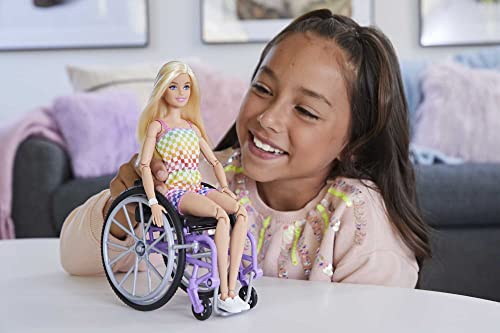 Barbie Doll with Wheelchair and Ramp, Kids Toys and Gifts, Blonde, Barbie Fashionistas, Rainbow Romper, Clothes and Accessories from Mattel