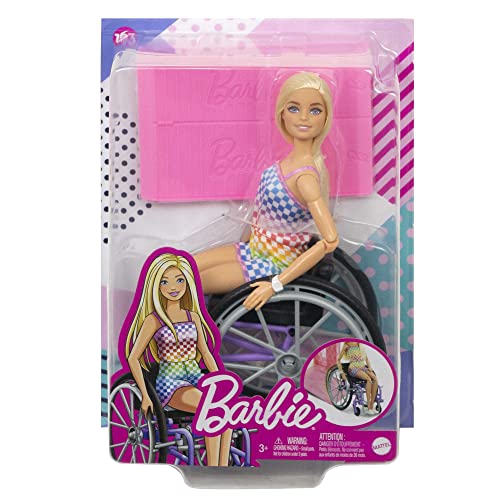Barbie Doll with Wheelchair and Ramp, Kids Toys and Gifts, Blonde, Barbie Fashionistas, Rainbow Romper, Clothes and Accessories from Mattel