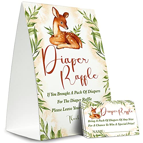 Diaper Raffle Sign,Diaper Raffle Baby Shower Game Kit (1 Standing Sign + 50 Guessing Cards),Woodland Forest Animals Insert Ticket,Baby Showers Decorations,Card for Baby Shower Game to Bring a Pack of Diapers-XN28 from 