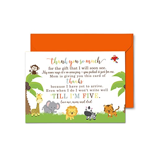 Cute Jungle Baby Shower Thank You Cards with Envelopes (15 Pack) Wild Safari Animal Themed Supplies Orange - Neutral Boys or Girls â A6 Flat Stationery Set Printed (4 x 6 inches) Paper Clever Party by 