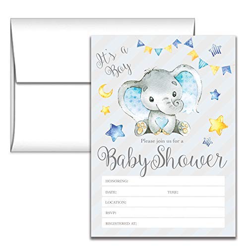 Elephant Baby Shower Invitations - Gray and Blue Boy Party Invites by Impressions