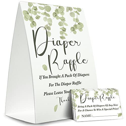 Diaper Raffle Sign,Diaper Raffle Baby Shower Game Kit (1 Standing Sign + 50 Guessing Cards),Greenery Insert Ticket,Baby Showers Decorations,Card for Baby Shower Game to Bring a Pack of Diapers-XN03 by 