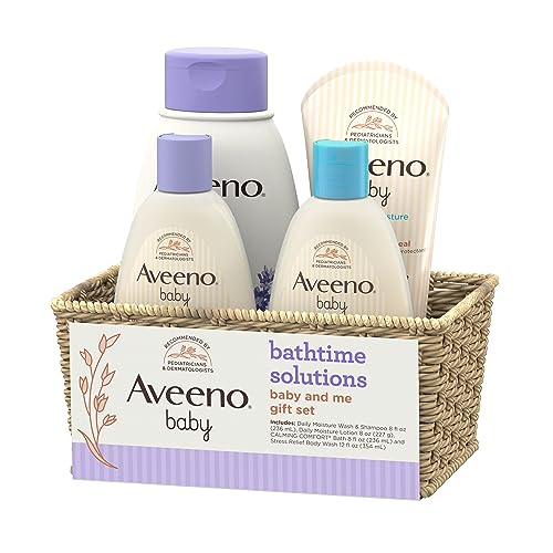 Aveeno Baby Daily Bathtime Solutions Gift Set to Nourish Skin for Baby and Mom, 4 Items by Aveeno