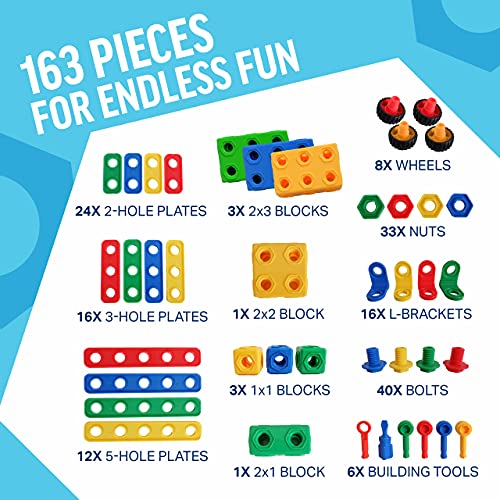 Brickyard Building Blocks STEM Toys & Activities - Educational Building Toys for Kids Ages 4-8 w/ 163 Pieces, Kid-Friendly Tools, Design Guide and Toy Storage Box by DynaMax Creations LLC