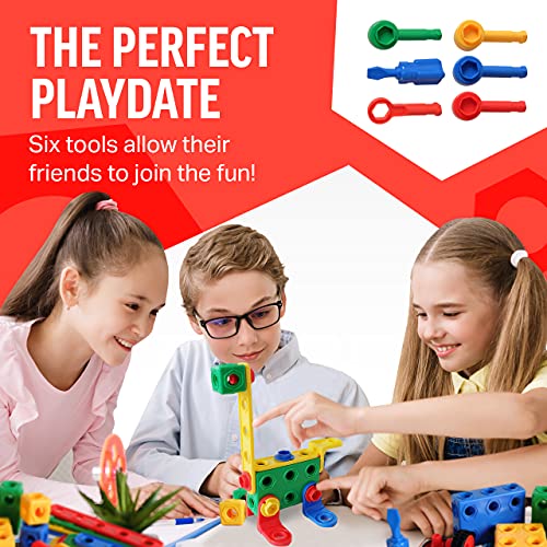 Brickyard Building Blocks STEM Toys & Activities - Educational Building Toys for Kids Ages 4-8 w/ 163 Pieces, Kid-Friendly Tools, Design Guide and Toy Storage Box by DynaMax Creations LLC