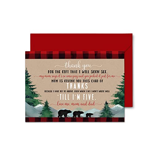 Lumberjack Baby Shower Thank You Cards with Envelopes (15 Pack) Little Bear Themed Supplies â Red and Black Plaid â A6 Flat Stationery Set Printed (4 x 6 inches) Paper Clever Party by 