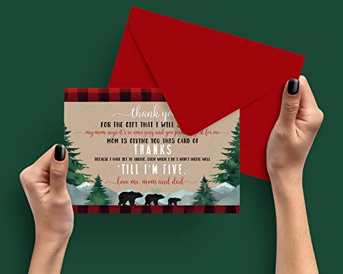 Lumberjack Baby Shower Thank You Cards with Envelopes (15 Pack) Little Bear Themed Supplies â Red and Black Plaid â A6 Flat Stationery Set Printed (4 x 6 inches) Paper Clever Party by 