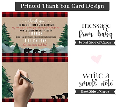 Lumberjack Baby Shower Thank You Cards with Envelopes (15 Pack) Little Bear Themed Supplies â Red and Black Plaid â A6 Flat Stationery Set Printed (4 x 6 inches) Paper Clever Party by 
