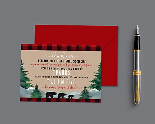 Lumberjack Baby Shower Thank You Cards with Envelopes (15 Pack) Little Bear Themed Supplies â Red and Black Plaid â A6 Flat Stationery Set Printed (4 x 6 inches) Paper Clever Party by 