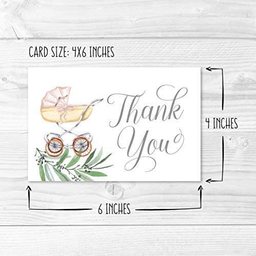 24 Carriage Baby Shower Thank You Cards With Envelopes, Boy or Girl Sprinkle Thank-You Note, 4x6 Gratitude Card Gift For Guest Pack, Gender Reveal DIY So Grateful Greenery Varied Event Stationery by Hadley Designs