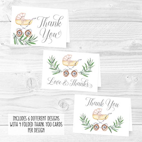 24 Carriage Baby Shower Thank You Cards With Envelopes, Boy or Girl Sprinkle Thank-You Note, 4x6 Gratitude Card Gift For Guest Pack, Gender Reveal DIY So Grateful Greenery Varied Event Stationery by Hadley Designs
