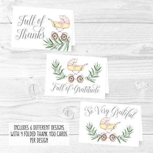 24 Carriage Baby Shower Thank You Cards With Envelopes, Boy or Girl Sprinkle Thank-You Note, 4x6 Gratitude Card Gift For Guest Pack, Gender Reveal DIY So Grateful Greenery Varied Event Stationery by Hadley Designs