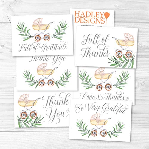 24 Carriage Baby Shower Thank You Cards With Envelopes, Boy or Girl Sprinkle Thank-You Note, 4x6 Gratitude Card Gift For Guest Pack, Gender Reveal DIY So Grateful Greenery Varied Event Stationery by Hadley Designs