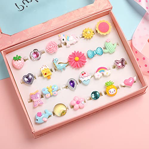PinkSheep Little Girl Jewel Rings in Box, Adjustable, No Duplication, Girl Pretend Play and Dress Up Rings (24 Lovely Ring) by PinkSheep