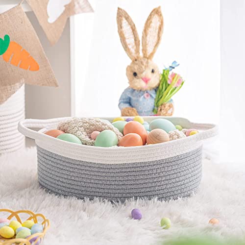 Goodpick Small Woven Basket Cute Gray Rope Basket Cotton Basket Baby Room Storage Basket Dog Toy Basket with Handles Empty Gift Basket for Shelf 12"x 8" x 5" Easter Basket Oval Candy Color Design from Goodpick