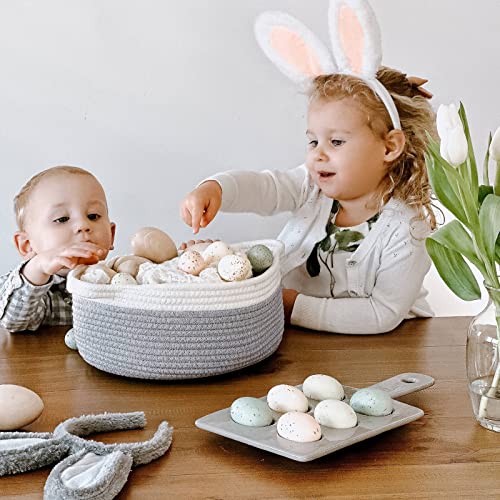 Goodpick Small Woven Basket Cute Gray Rope Basket Cotton Basket Baby Room Storage Basket Dog Toy Basket with Handles Empty Gift Basket for Shelf 12"x 8" x 5" Easter Basket Oval Candy Color Design from Goodpick