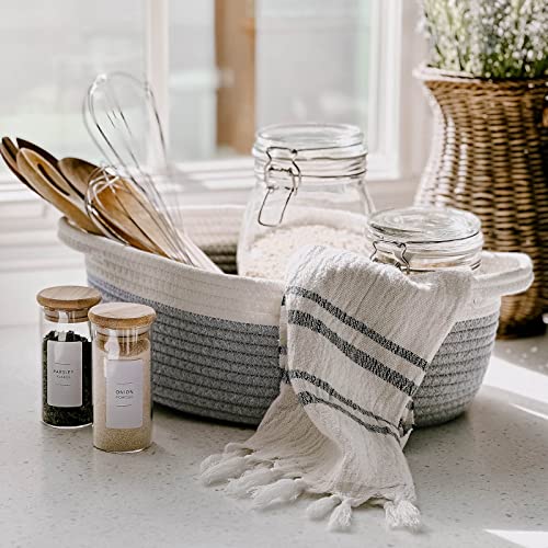 Goodpick Small Woven Basket Cute Gray Rope Basket Cotton Basket Baby Room Storage Basket Dog Toy Basket with Handles Empty Gift Basket for Shelf 12"x 8" x 5" Easter Basket Oval Candy Color Design from Goodpick