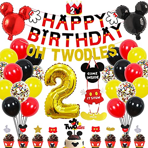 2nd Mickey Mouse Birthday Party Supplies Decorations 57Pcs - HAPPY BIRTHDAY Banner OH TWODLES Banner Red/Yellow/Black/Confetti Balloons Number 2 Foil Balloon Mickey Mouse Balloons Hat Door Sign Cupcake Toppers Cake Topper Birthday Decorations for Boys Gir