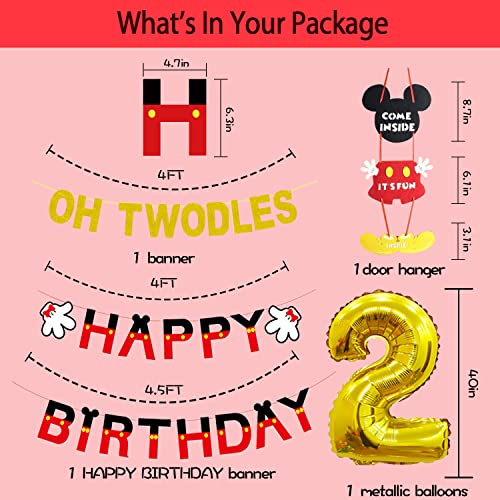 2nd Mickey Mouse Birthday Party Supplies Decorations 57Pcs - HAPPY BIRTHDAY Banner OH TWODLES Banner Red/Yellow/Black/Confetti Balloons Number 2 Foil Balloon Mickey Mouse Balloons Hat Door Sign Cupcake Toppers Cake Topper Birthday Decorations for Boys Gir