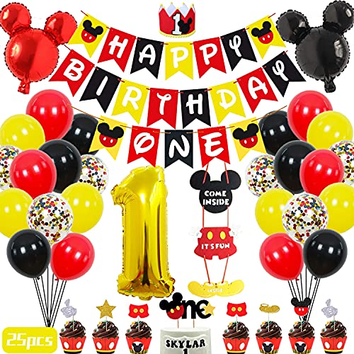 Mickey Mouse 1st Birthday Party Supplies Decorations 57Pcs - Happy Birthday Banner "ONE"Banner Balloons "1" Foil Balloon Hat Door Sign Cupcake Toppers Birthday Decorations for Boys Girls Kids Babies by 