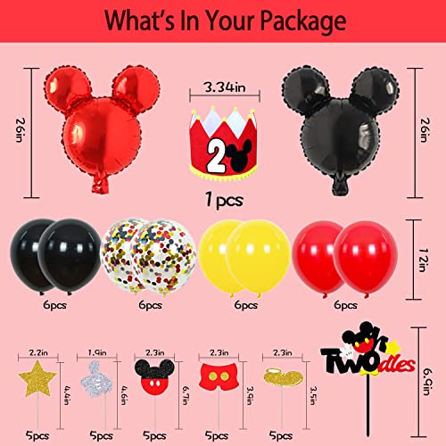 2nd Mickey Mouse Birthday Party Supplies Decorations 57Pcs - HAPPY BIRTHDAY Banner OH TWODLES Banner Red/Yellow/Black/Confetti Balloons Number 2 Foil Balloon Mickey Mouse Balloons Hat Door Sign Cupcake Toppers Cake Topper Birthday Decorations for Boys Gir