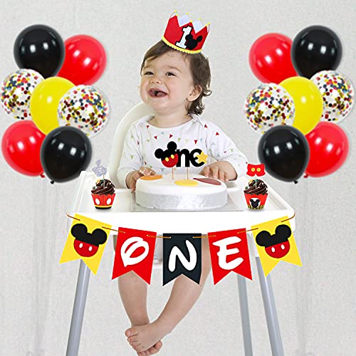 Mickey Mouse 1st Birthday Party Supplies Decorations 57Pcs - Happy Birthday Banner "ONE"Banner Balloons "1" Foil Balloon Hat Door Sign Cupcake Toppers Birthday Decorations for Boys Girls Kids Babies by 