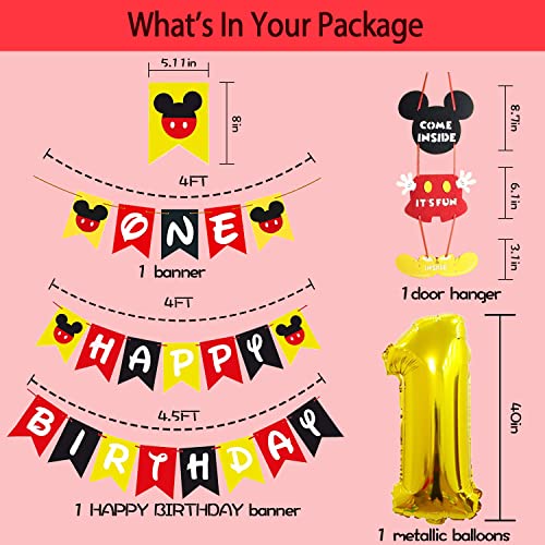 Mickey Mouse 1st Birthday Party Supplies Decorations 57Pcs - Happy Birthday Banner "ONE"Banner Balloons "1" Foil Balloon Hat Door Sign Cupcake Toppers Birthday Decorations for Boys Girls Kids Babies by 