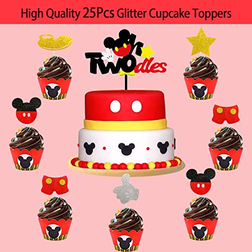 2nd Mickey Mouse Birthday Party Supplies Decorations 57Pcs - HAPPY BIRTHDAY Banner OH TWODLES Banner Red/Yellow/Black/Confetti Balloons Number 2 Foil Balloon Mickey Mouse Balloons Hat Door Sign Cupcake Toppers Cake Topper Birthday Decorations for Boys Gir
