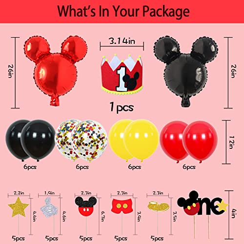 Mickey Mouse 1st Birthday Party Supplies Decorations 57Pcs - Happy Birthday Banner "ONE"Banner Balloons "1" Foil Balloon Hat Door Sign Cupcake Toppers Birthday Decorations for Boys Girls Kids Babies by 