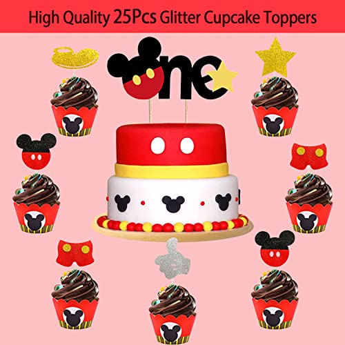 Mickey Mouse 1st Birthday Party Supplies Decorations 57Pcs - Happy Birthday Banner "ONE"Banner Balloons "1" Foil Balloon Hat Door Sign Cupcake Toppers Birthday Decorations for Boys Girls Kids Babies by 