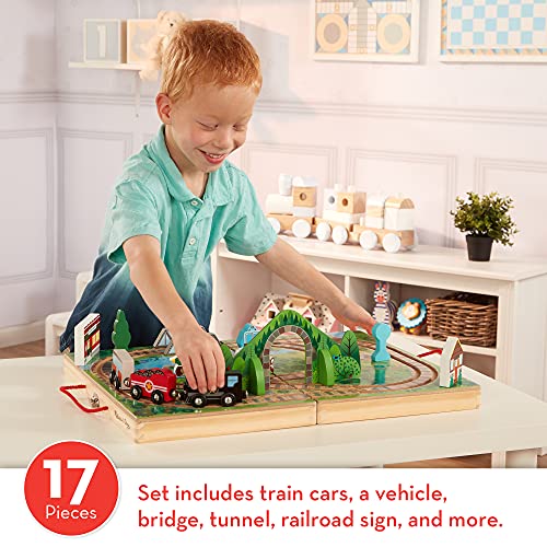 Melissa & Doug 17-Piece Wooden Take-Along Tabletop Railroad, 3 Trains, Truck, Play Pieces, Bridge - Wooden Train Sets For Kids Ages 3+ from Melissa & Doug