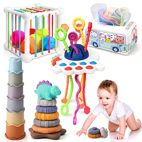 5 in 1 Baby Montessori Toys Set Include Shape Sorter Bin with Sound, Baby Tissue Box, Stacking Cups, Pull String Toy, Soft Stacking Rings, Sensory Toys for Infants Toddlers from ZZ