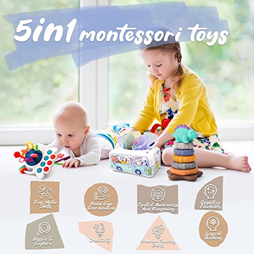5 in 1 Baby Montessori Toys Set Include Shape Sorter Bin with Sound, Baby Tissue Box, Stacking Cups, Pull String Toy, Soft Stacking Rings, Sensory Toys for Infants Toddlers from ZZ