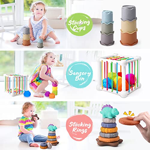 5 in 1 Baby Montessori Toys Set Include Shape Sorter Bin with Sound, Baby Tissue Box, Stacking Cups, Pull String Toy, Soft Stacking Rings, Sensory Toys for Infants Toddlers from ZZ