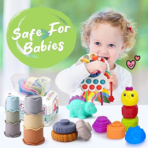 5 in 1 Baby Montessori Toys Set Include Shape Sorter Bin with Sound, Baby Tissue Box, Stacking Cups, Pull String Toy, Soft Stacking Rings, Sensory Toys for Infants Toddlers from ZZ