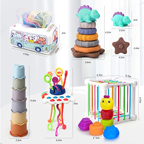 5 in 1 Baby Montessori Toys Set Include Shape Sorter Bin with Sound, Baby Tissue Box, Stacking Cups, Pull String Toy, Soft Stacking Rings, Sensory Toys for Infants Toddlers from ZZ