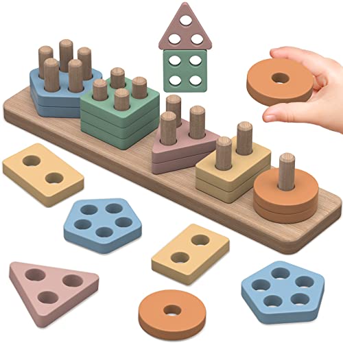 pigipigi Montessori Toys for 1 2 3 4 Years Old - Wooden Sorting Stacking Toddler Toy Baby Boy Girl Color Shape Block Stacker, Kids Preschool Educational Learning Activity Game Birthday Gift from pigipigi