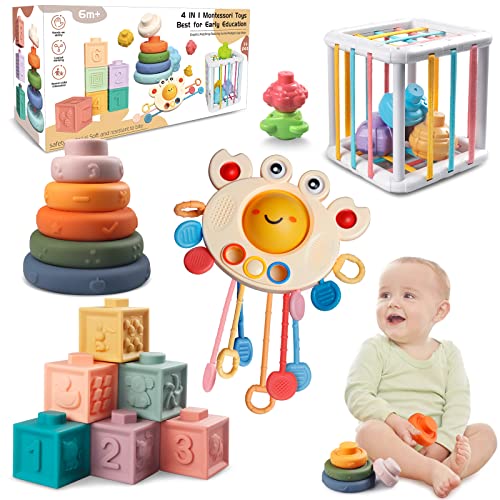 Montessori Baby Toys for Ages 6-18 Months - Pull String Teether, Stacking Blocks, Sensory Shapes & Colorful Storage Bin, Infant Bath Time Fun, 4 in 1 Toddlers Toy Gifts for 1 2 3 Year Old Boys Girls by SHANTOU SIWUSHU PLASTIC INDUSTRY CO., LTD
