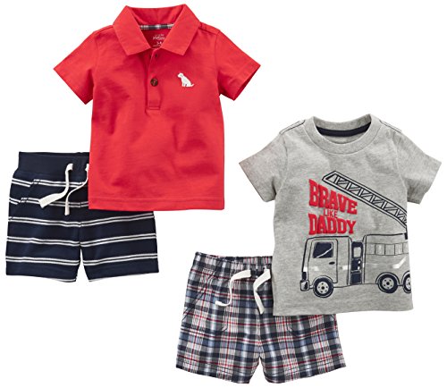 Simple Joys by Carter's Baby Boys' 4-Piece Playwear Set, Red Plaid/Fire Truck/Blue Stripe, 24 Months from Carter's Simple Joys - Private Label
