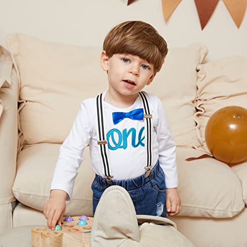 Toddler Baby Boy Clothes Set Bowtie Romper Suspenders Ripped Denim Pants Outfits (One Blue-2Long, 18-24 Months) by Pinleck