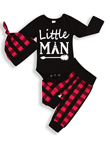 Newborn Baby Boy Girl Clothes Little Man Long Sleeve Romper,Plaid Pants + Cute Hat 3pcs Outfit Set (A-Black,3-6 Months) by TUEMOS