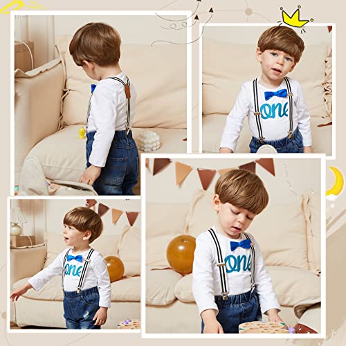 Toddler Baby Boy Clothes Set Bowtie Romper Suspenders Ripped Denim Pants Outfits (One Blue-2Long, 18-24 Months) by Pinleck