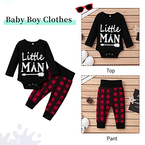 Newborn Baby Boy Girl Clothes Little Man Long Sleeve Romper,Plaid Pants + Cute Hat 3pcs Outfit Set (A-Black,3-6 Months) by TUEMOS