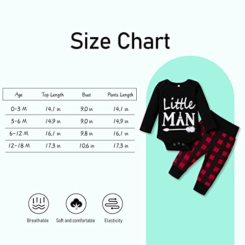 Newborn Baby Boy Girl Clothes Little Man Long Sleeve Romper,Plaid Pants + Cute Hat 3pcs Outfit Set (A-Black,3-6 Months) by TUEMOS